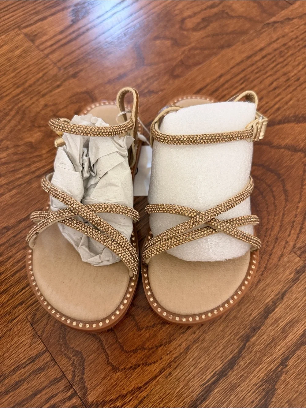 Girls' Gold Beaded Strappy Sandals with Ankle Buckle